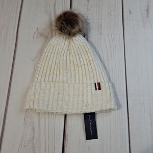 Tommy Hilfiger Cream And Gold Metallic Knit Pom-Pom Beanie